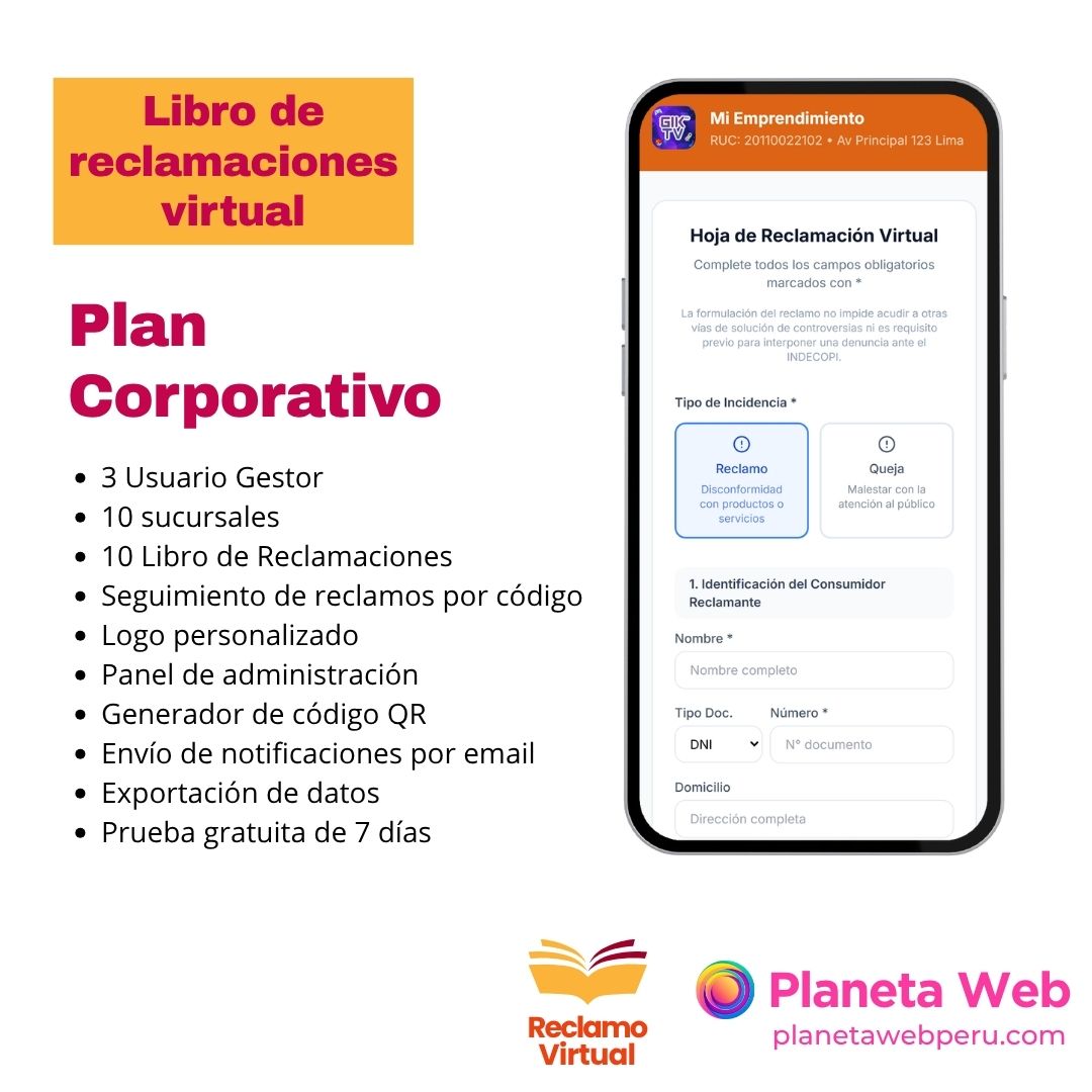 Libro de reclamaciones virtual, plan corporativo, Planeta Web