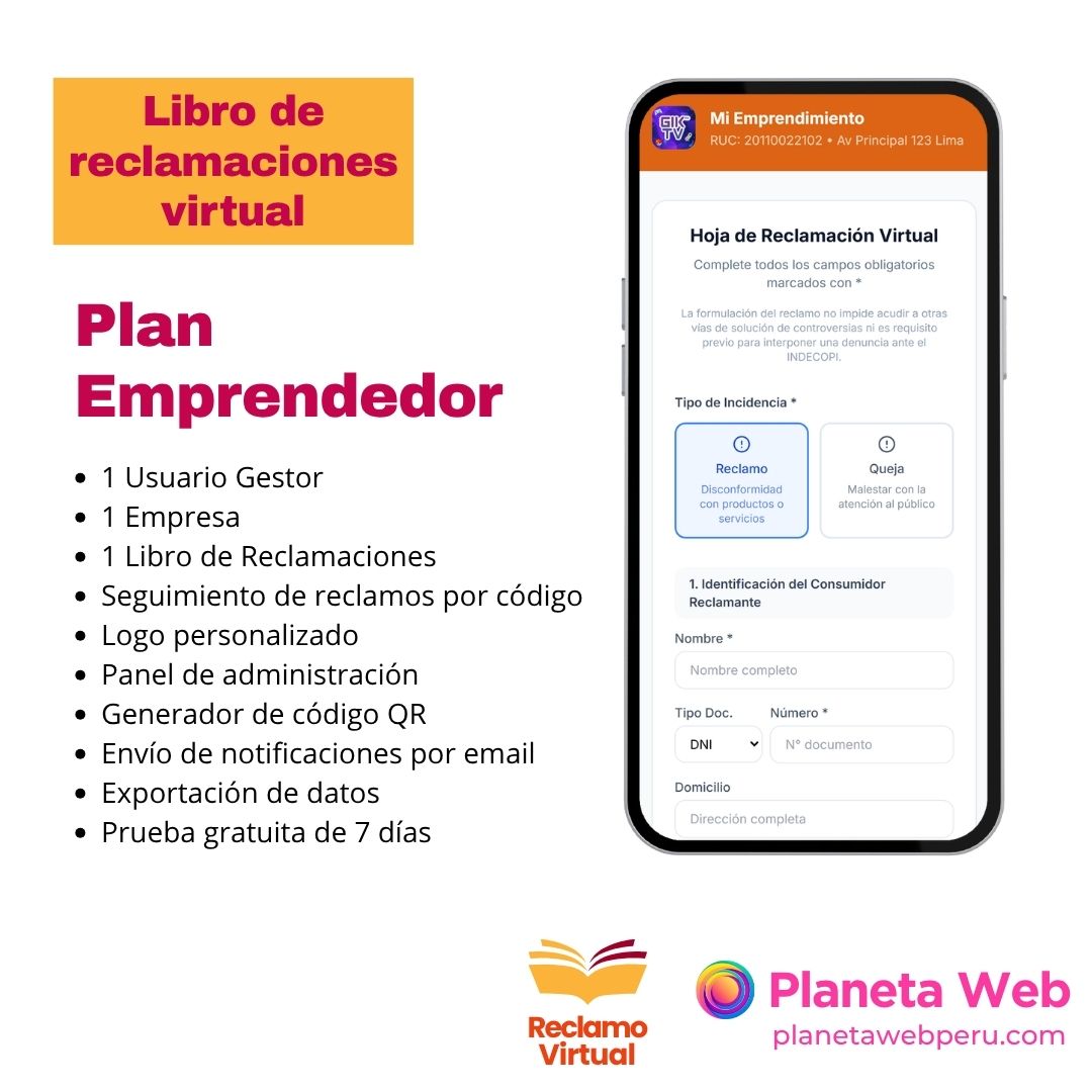 Libro de reclamaciones virtual, plan emprendedor, Planeta Web